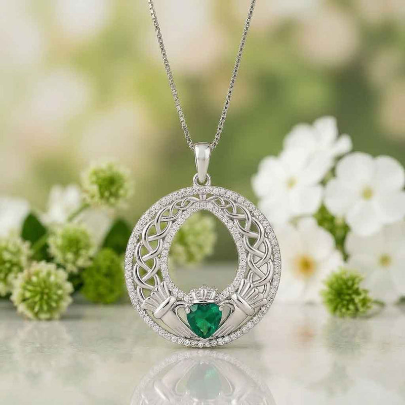 Sterling Silver Celtic Green Heart Claddagh Pendant, surrounded by flowers