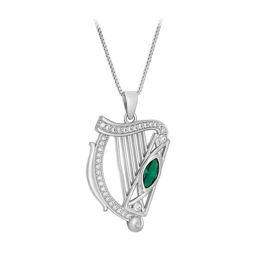 Irish Necklace Sterling Silver Green Crystal Irish Harp Pendant on a white background