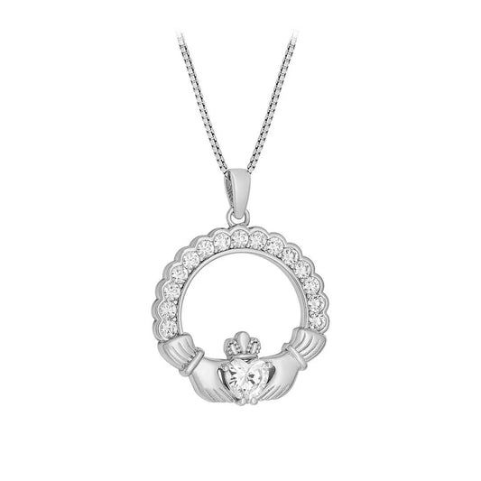 Irish Necklace Crystal Sterling Silver Claddagh Pendant on a white background