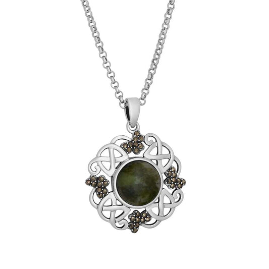 Irish Necklace Sterling Silver Marcasite Shamrock Connemara Marble Pendant on a white background