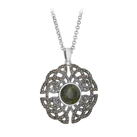 Irish Necklace Sterling Silver Open Marcasite Celtic Knot Connemara Marble Pendant on a white background