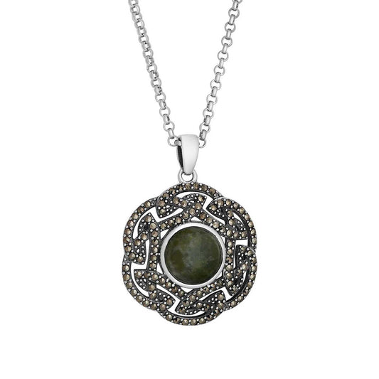 Irish Necklace Sterling Silver Marcasite Celtic Knot Connemara Marble Pendant on a white background