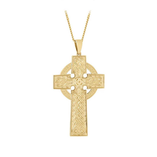 An Irish Necklace 14k Gold Large Celtic Cross Pendant with intricate engraved patterns, suspended from a matching gold chain against a plain white background.