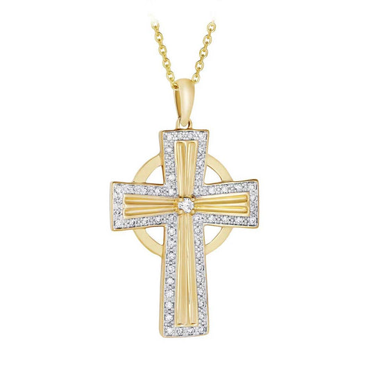 An Irish Necklace 14k Gold Diamond Modern Celtic Cross Pendant on a white background