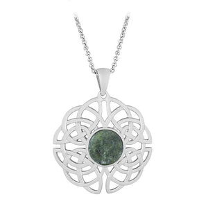 Irish Necklace Sterling Silver Connemara Marble Round Celtic Knot Pendant against a plain white background.