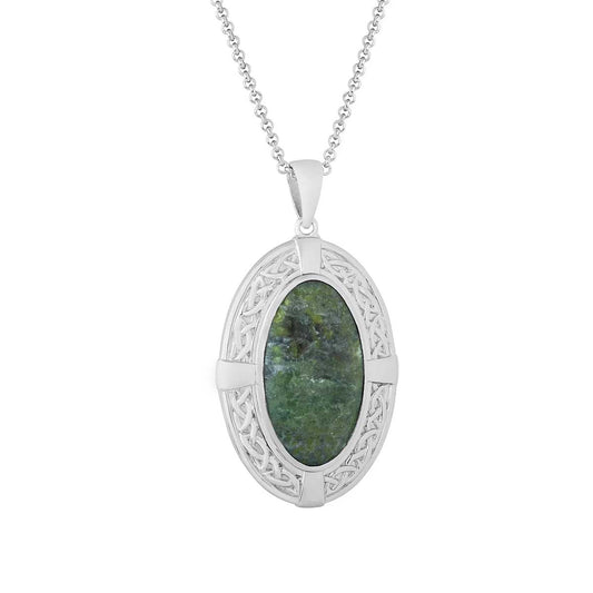 Irish Necklace Sterling Silver Oval Connemara Marble Celtic Shield Pendant on a white background