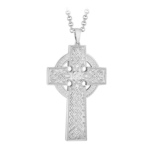 Irish Necklace Sterling Silver Large Celtic Cross Pendant on a white background