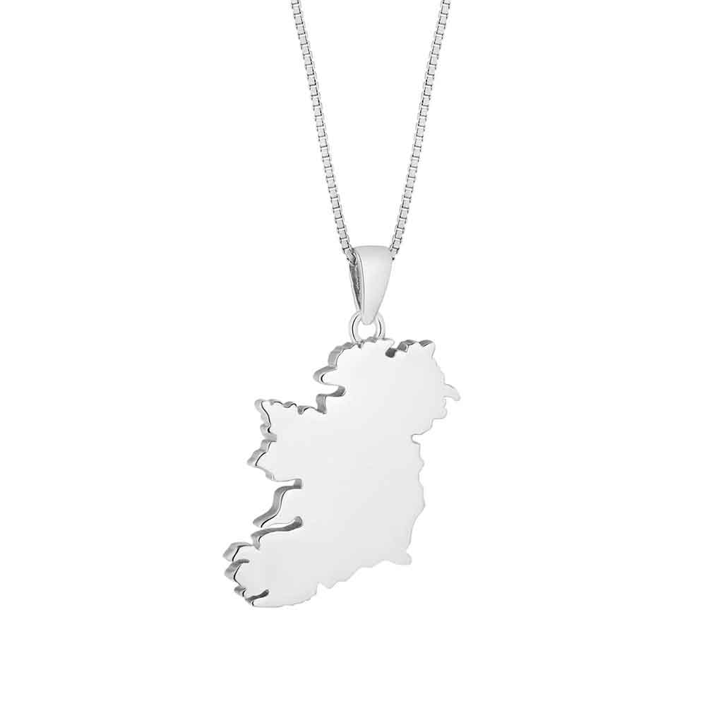 sterling silver large map of ireland pendant shaped like the island of ireland on a white background