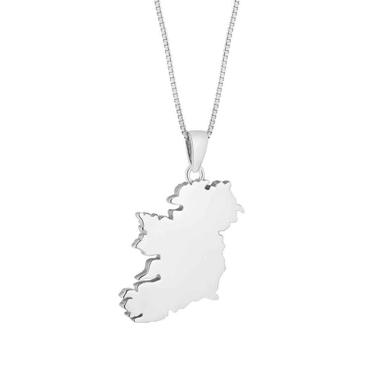 Sterling Silver Large Map Of Ireland Pendant shaped like the island of Ireland on a white background