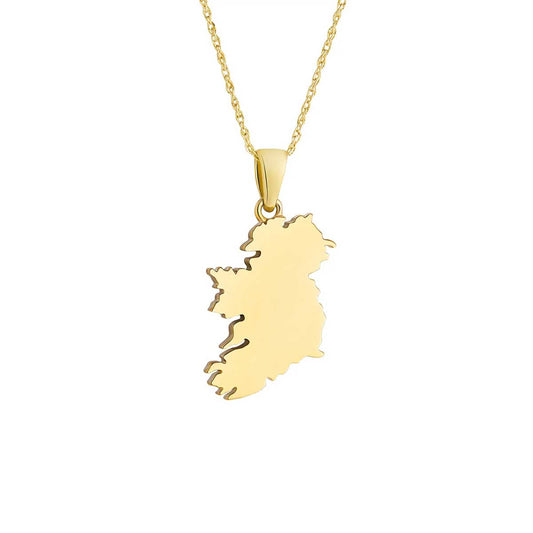 10k Gold Large Map Of Ireland Pendant suspended from a gold chain against a plain white background.