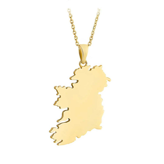 10k Gold Large Map Of Ireland Pendant suspended from a gold chain against a plain white background.