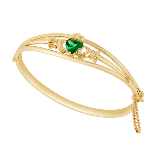 Gold Plated Green Crystal Heart Claddagh Bangle on a white background