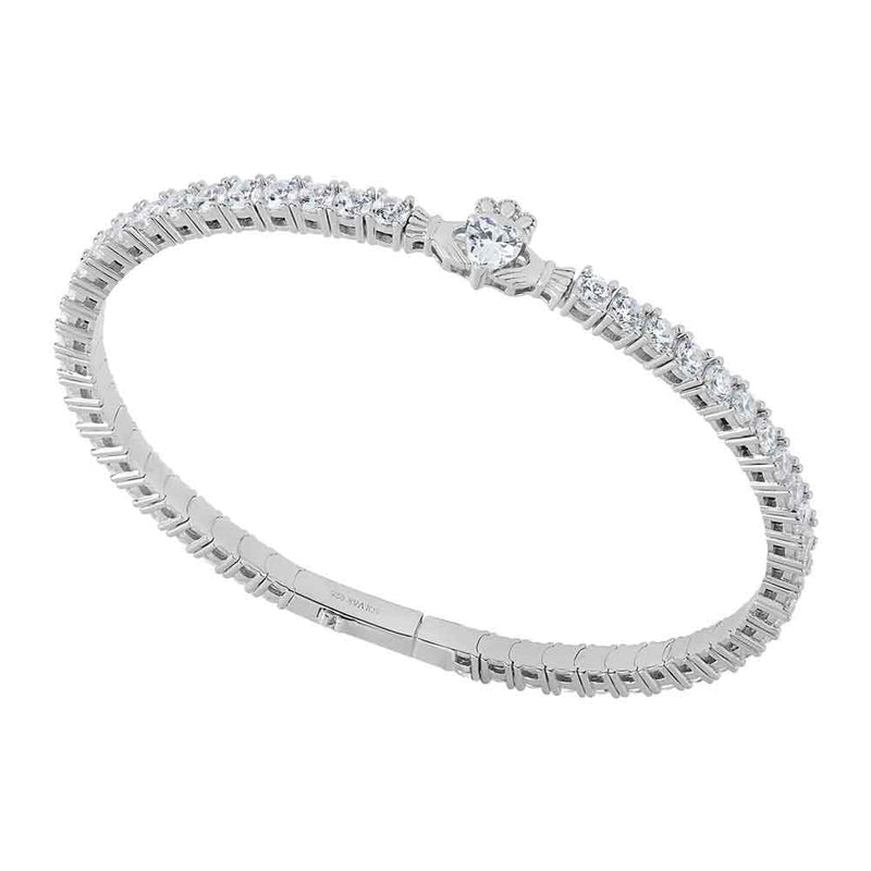 Sterling Silver Crystal Claddagh Tennis Bangle on a white background
