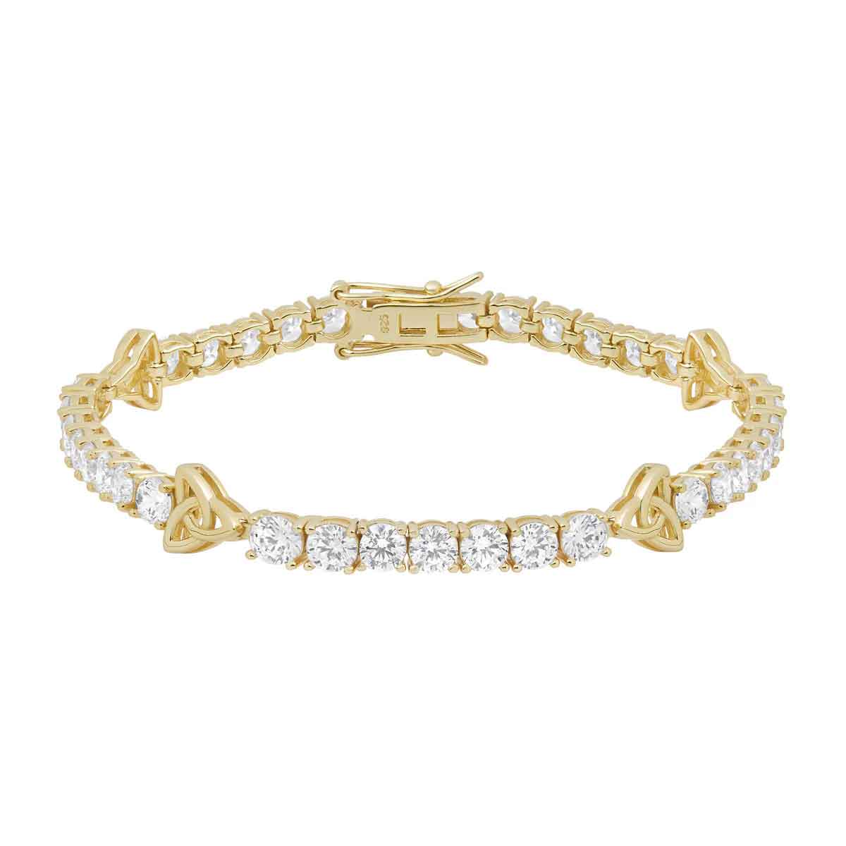 gold plated sterling silver crystal trinity knot tennis bracelet on a white background
