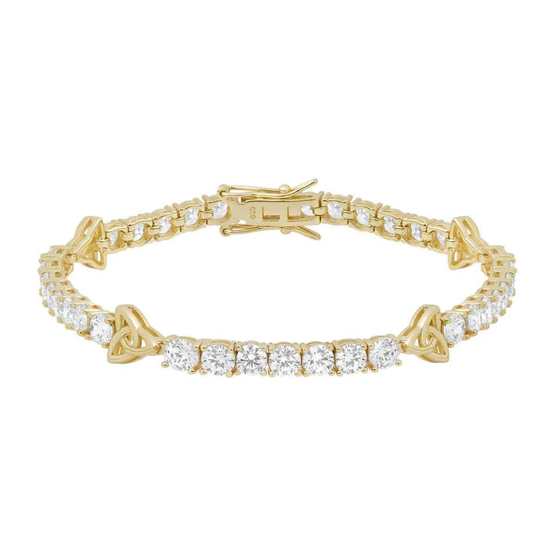 Gold Plated Sterling Silver Crystal Trinity Knot Tennis Bracelet on a white background