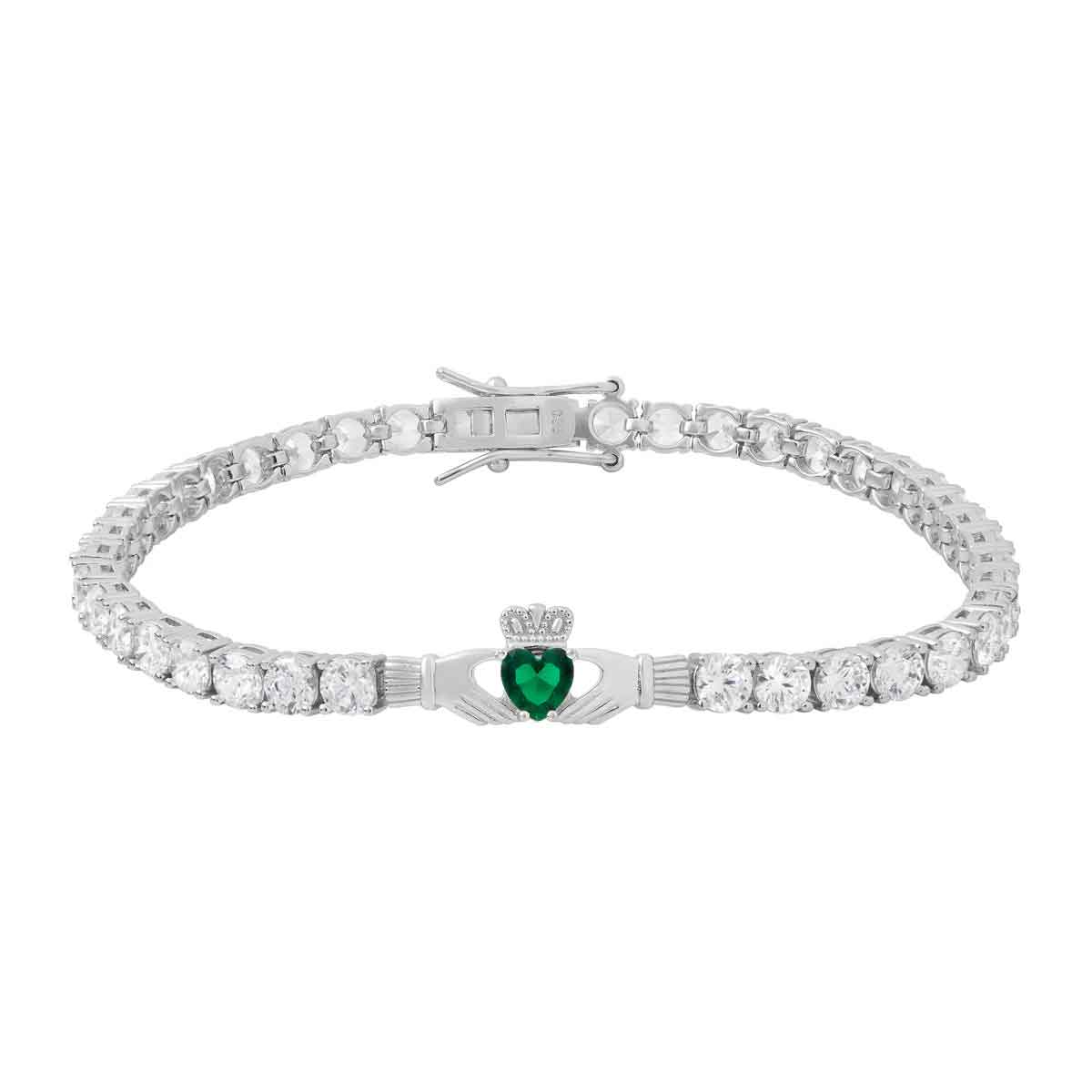 sterling silver green crystal heart claddagh tennis bracelet on a white background
