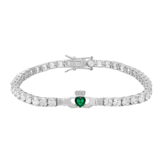 Sterling Silver Green Crystal Heart Claddagh Tennis Bracelet on a white background