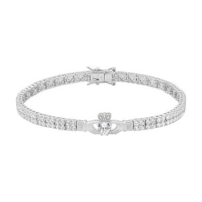 Sterling Silver Multi Set Crystal Claddagh Tennis Bracelet on a white background