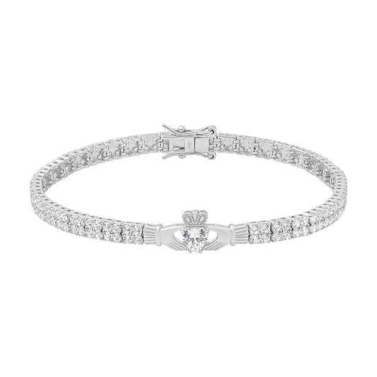 Sterling Silver Multi Set Crystal Claddagh Tennis Bracelet on a white background