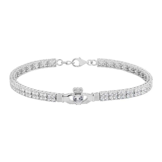Sterling Silver Multi Set Crystal Claddagh Tennis Bracelet on a white background