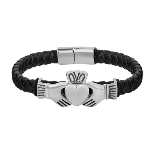 Rhodium Plated Leather Mens Claddagh Bracelet on a white background