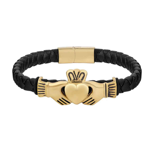 Gold Plated Leather Mens Claddagh Bracelet on a white background