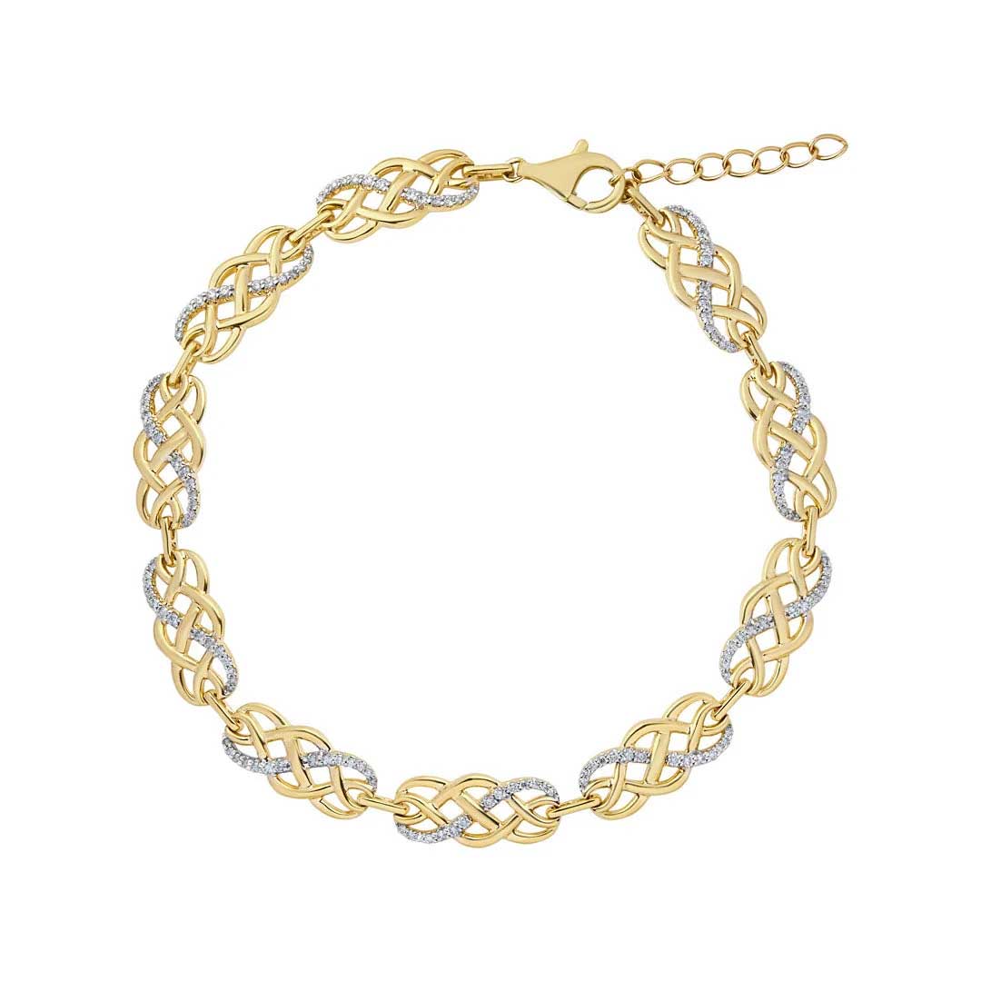 an irish 14k gold diamond celtic knot bracelet on a white background