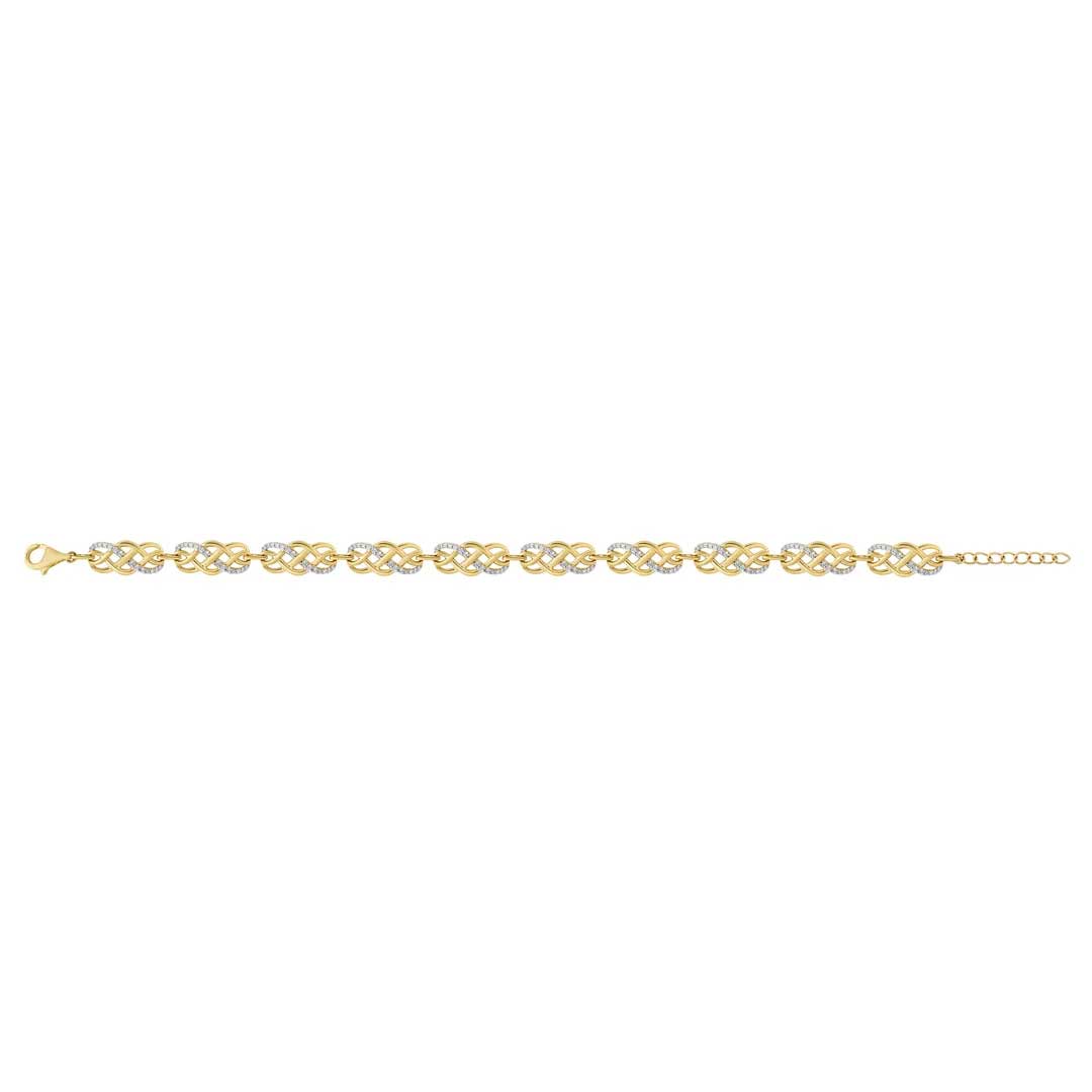 an irish 14k gold diamond celtic knot bracelet , opened, on a solid white background.