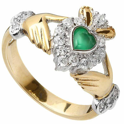 Claddagh Ring - Ladies 10k Gold CZ and Green Agate Irish Ring