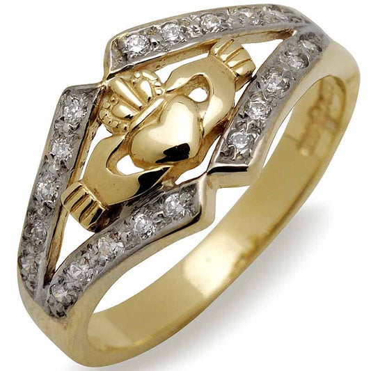 Irish Wedding Ring - 10k Gold Ladies CZ Claddagh Irish Band