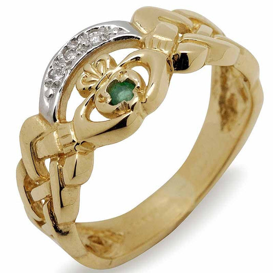 Irish Wedding Ring - 10k Gold Ladies Celtic Band with CZ and Emerald Claddagh