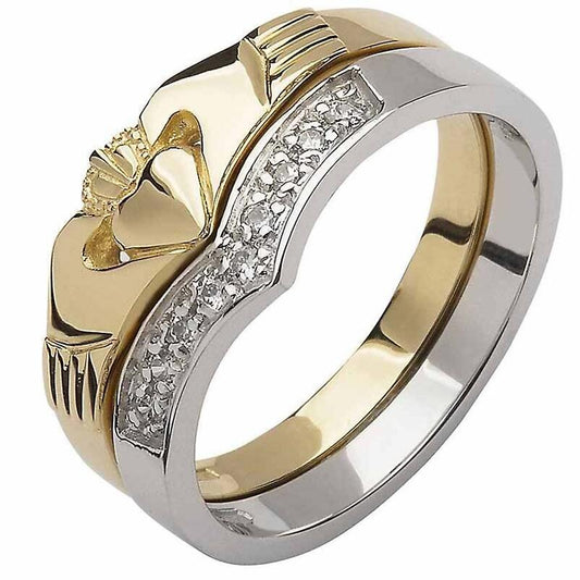 Irish Wedding Band - 10k Yellow and White Gold Diamond Wishbone Ladies Claddagh Ring