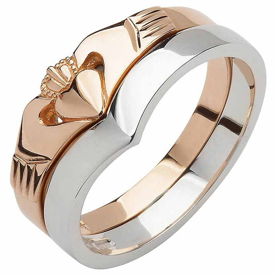 Irish Wedding Band - 10k Rose and White Gold Ladies Elegant Two Piece Wishbone Claddagh Ring
