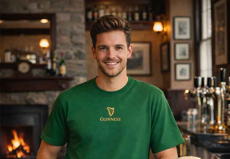 Man wearing a Guinness® Are You Toucan To Me Green t-shirt in a bar setting