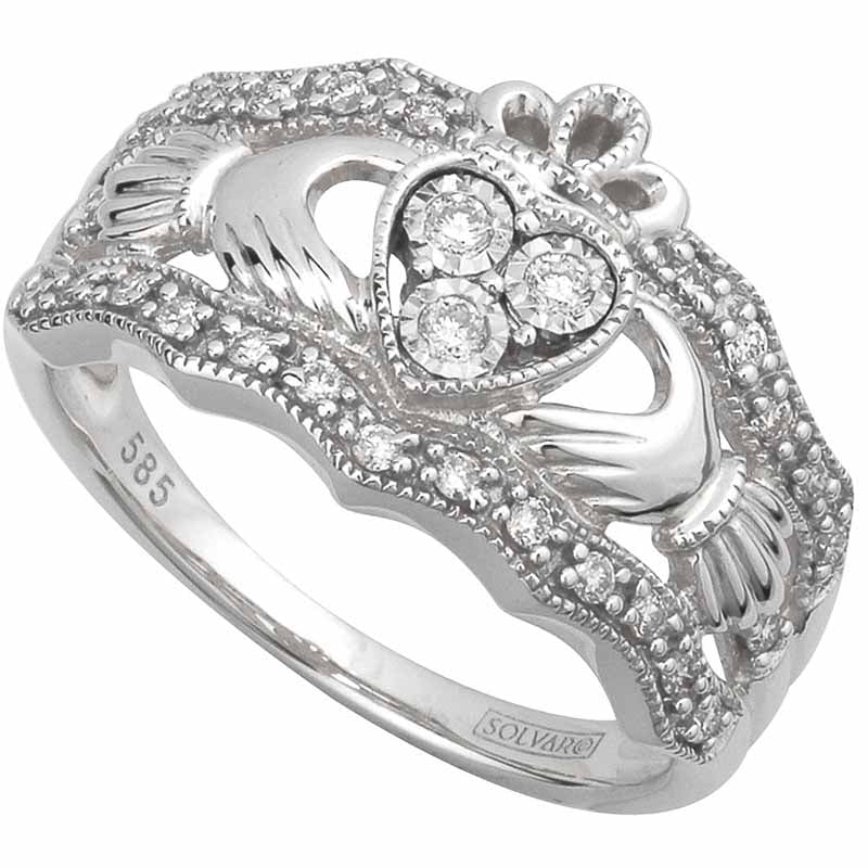 claddagh ring - 14k white gold diamond ladies irish claddagh band