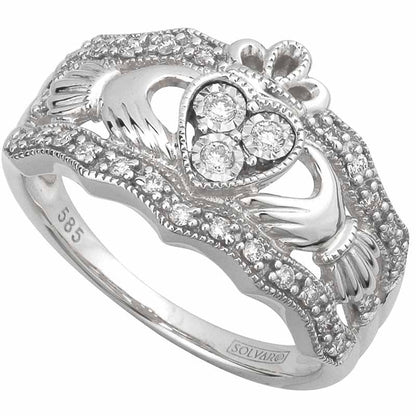 Claddagh Ring - 14k White Gold Diamond Ladies Irish Claddagh Band