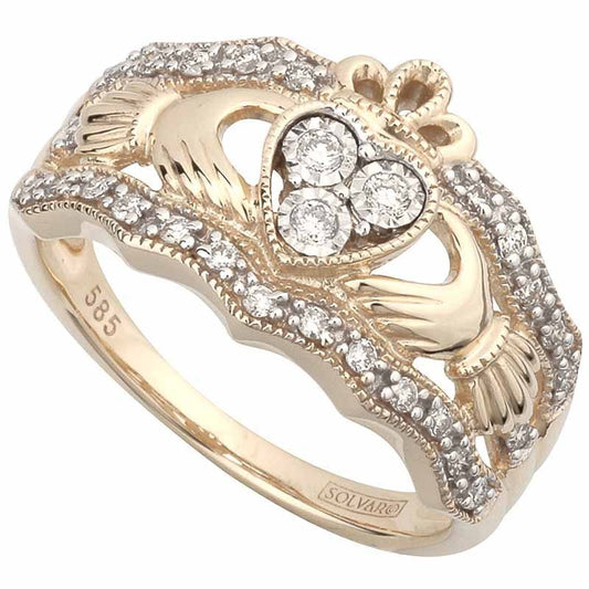 Claddagh Ring - 14k Yellow Gold Diamond Ladies Irish Claddagh Band