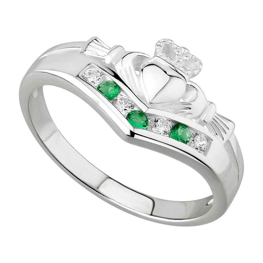 Claddagh Ring - Ladies Sterling Silver with CZ and Emerald Claddagh Wishbone