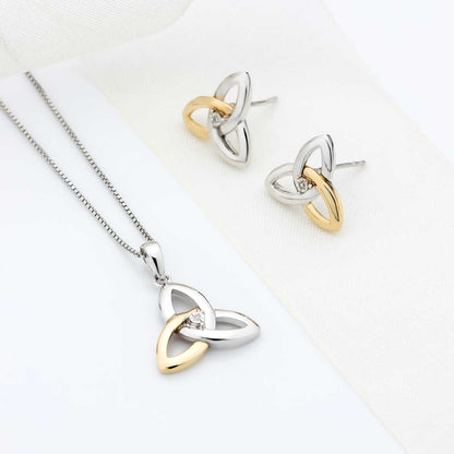 Irish Earrings | Diamond Sterling Silver and 10k Yellow Gold Stud Celtic Trinity Knot Earrings