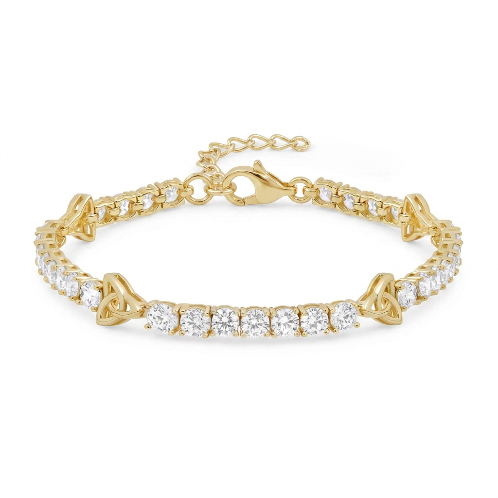 gold plated sterling silver crystal trinity knot tennis bracelet on a white background