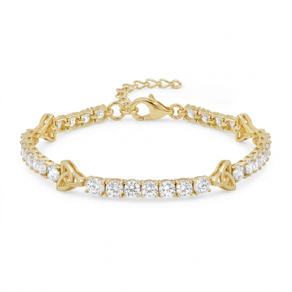 Gold Plated Sterling Silver Crystal Trinity Knot Tennis Bracelet on a white background