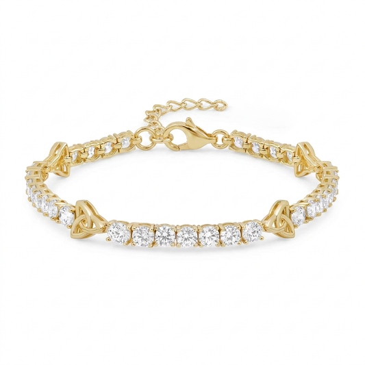 Gold Plated Sterling Silver Crystal Trinity Knot Tennis Bracelet on a white background
