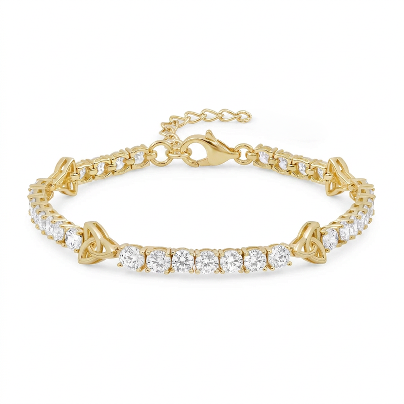 Gold Plated Sterling Silver Crystal Trinity Knot Tennis Bracelet on a white background