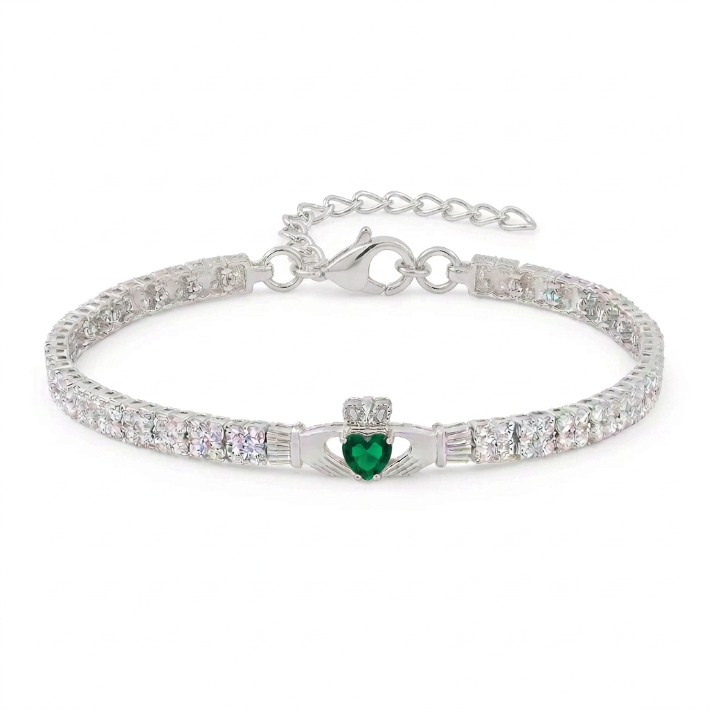 sterling silver green crystal heart claddagh tennis bracelet on a white background