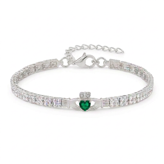 Sterling Silver Green Crystal Heart Claddagh Tennis Bracelet on a white background