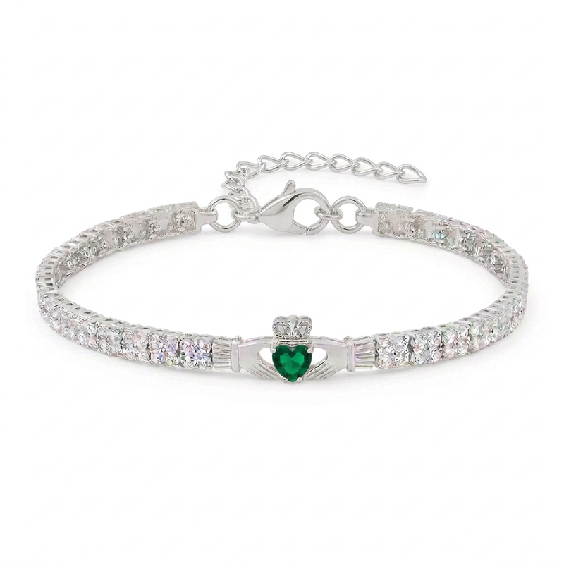 Sterling Silver Green Crystal Heart Claddagh Tennis Bracelet on a white background