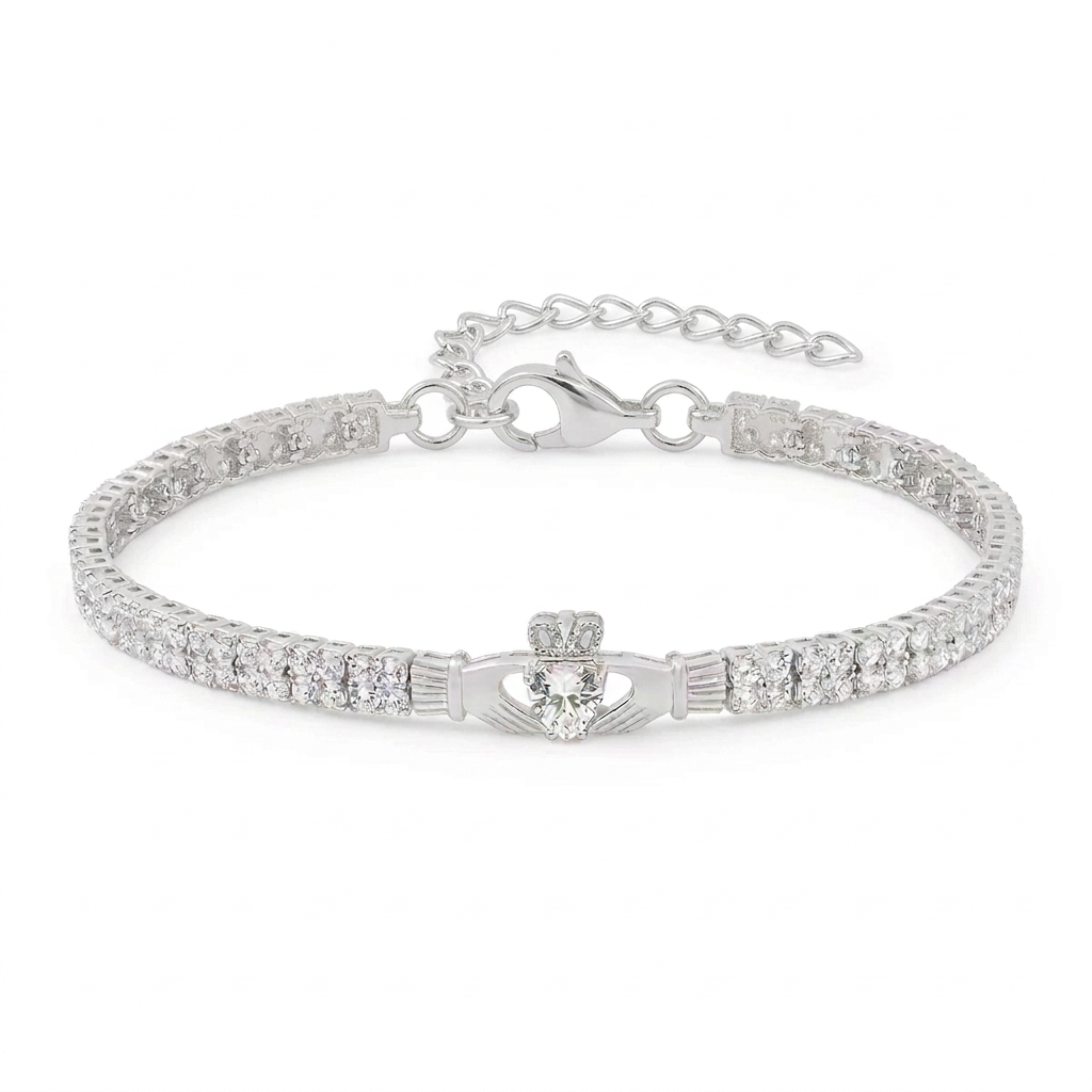 sterling silver multi set crystal claddagh tennis bracelet on a white background