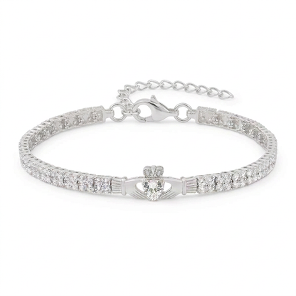 Sterling Silver Multi Set Crystal Claddagh Tennis Bracelet on a white background