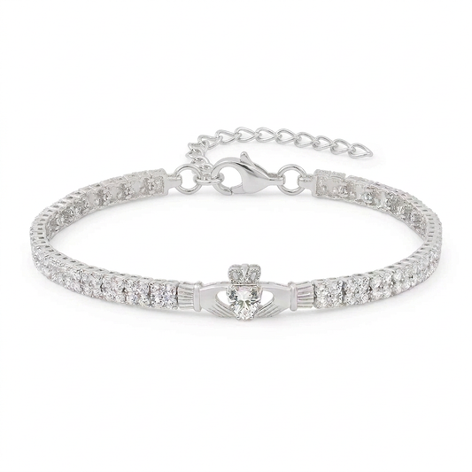 Sterling Silver Multi Set Crystal Claddagh Tennis Bracelet on a white background