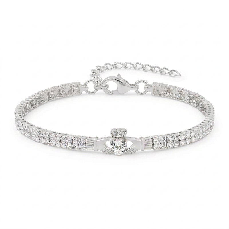 Sterling Silver Multi Set Crystal Claddagh Tennis Bracelet on a white background